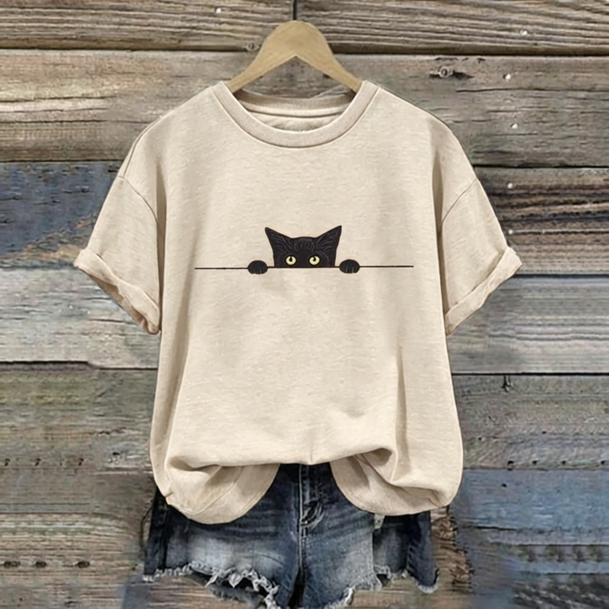 Abstract Creative Black Cat Graphic Casual T-shirt elevenforest