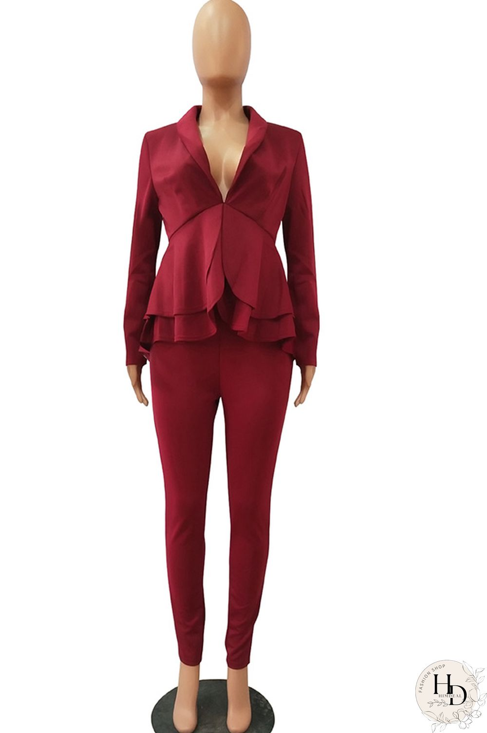 Black Casual Two Piece Suits Patchwork ruffle Solid pencil Long Sleeve