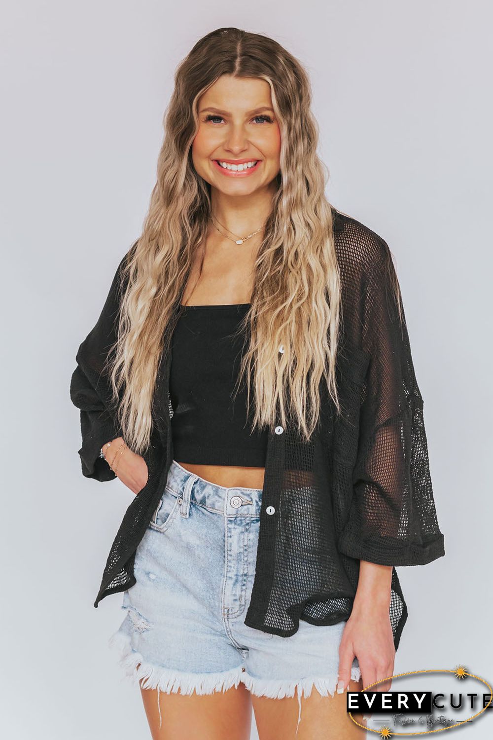 Black Sheer Openwork Bracelet Sleeve Kimono