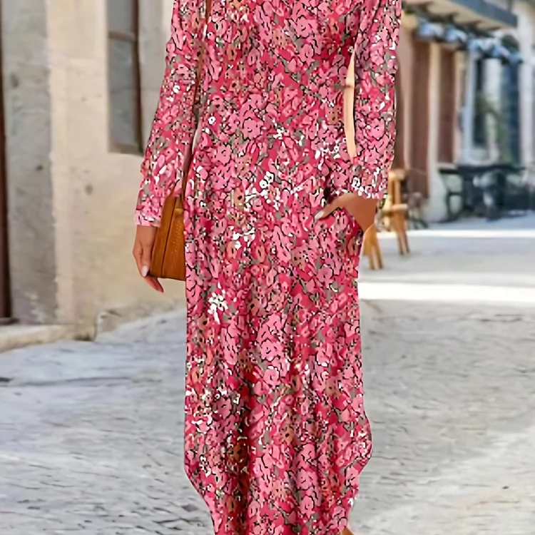 Plus Size Casual Dress, Women's Plus Allover Ditsy Print Long Sleeve Round Neck Maxi Dress With Pockets