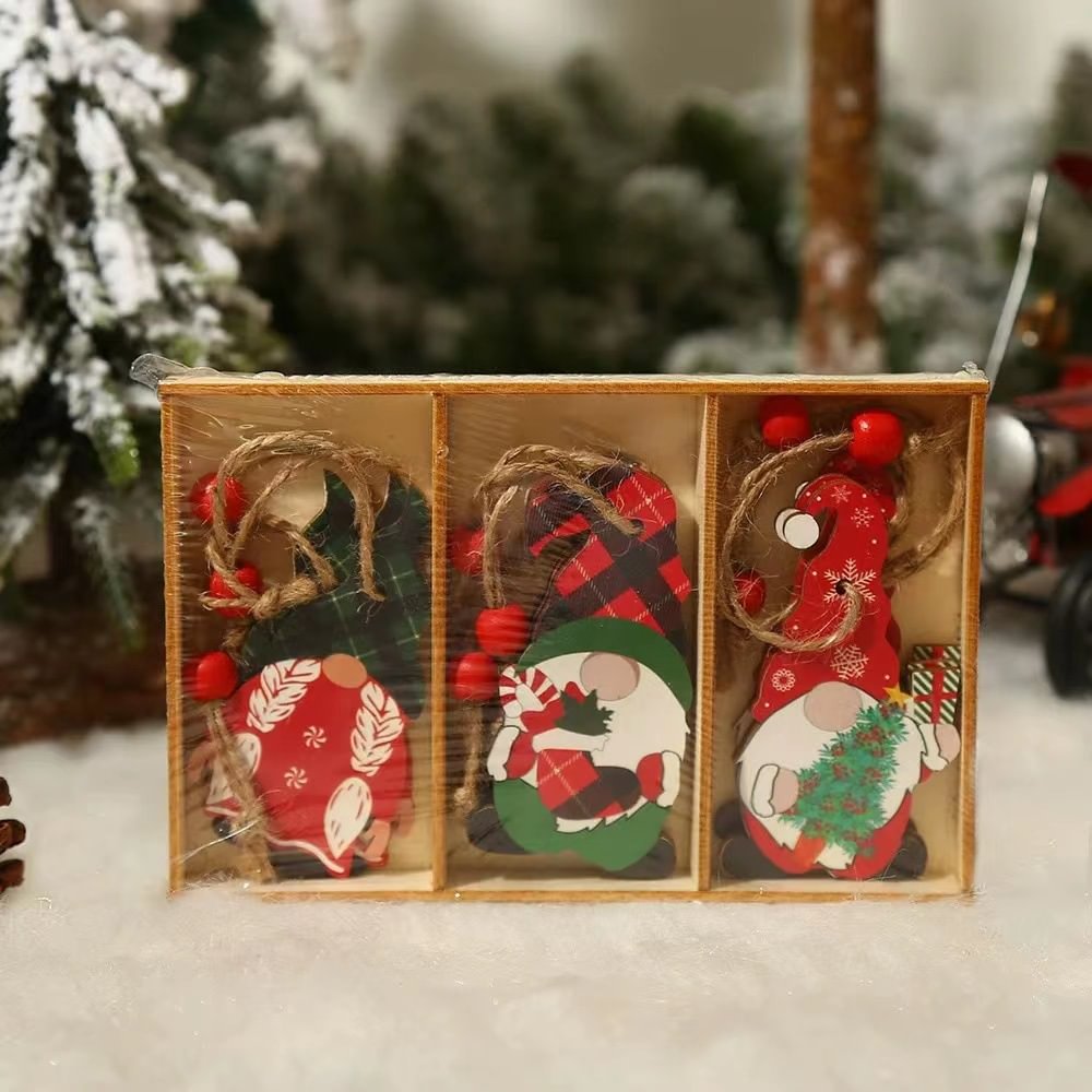 9pcs/Box, Christmas Wooden Hanging Box Man Ornaments for Christmas Tree Assorted Hanging home Decorations