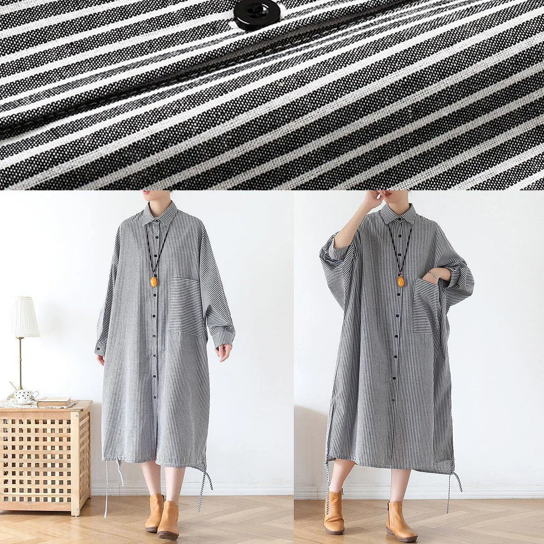 Women lapel Batwing Sleeve fall tunic pattern Fashion Ideas black striped Plus Size Dresses