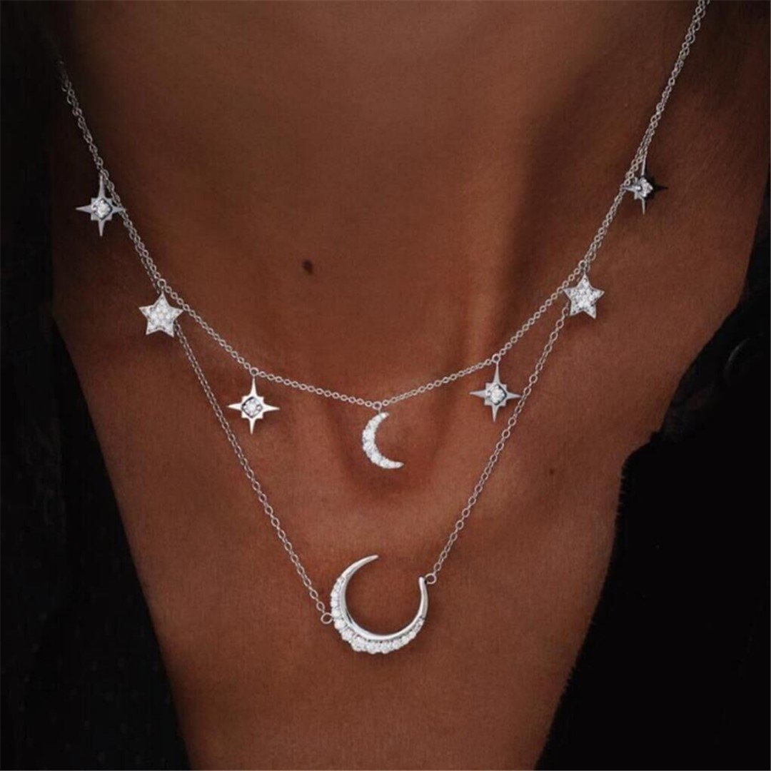Fashion Five Pointed Star Diamond Crystal Moon Multilayer Necklace