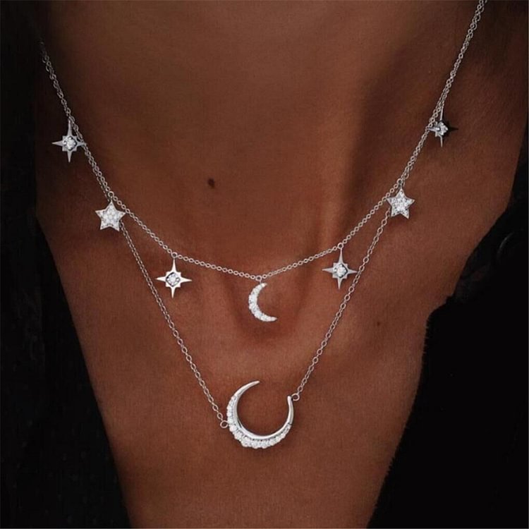Fashion Five Pointed Star Diamond Crystal Moon Multilayer Necklace
