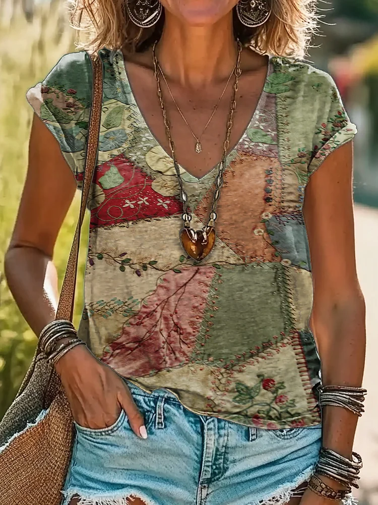 Vintage Patchwork Print 100%Cotton V-neck T-Shirt