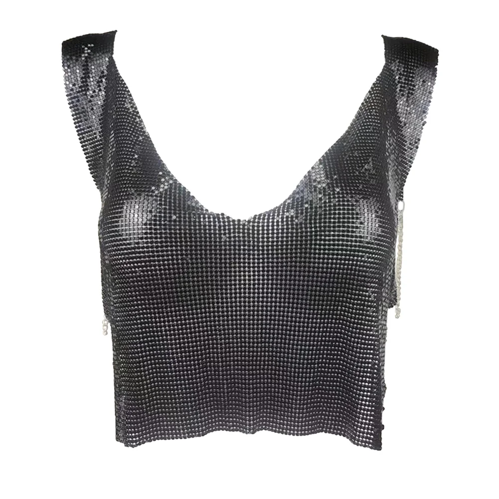 Black Sequined V Neck Sleeveless Cropped Tank Top
