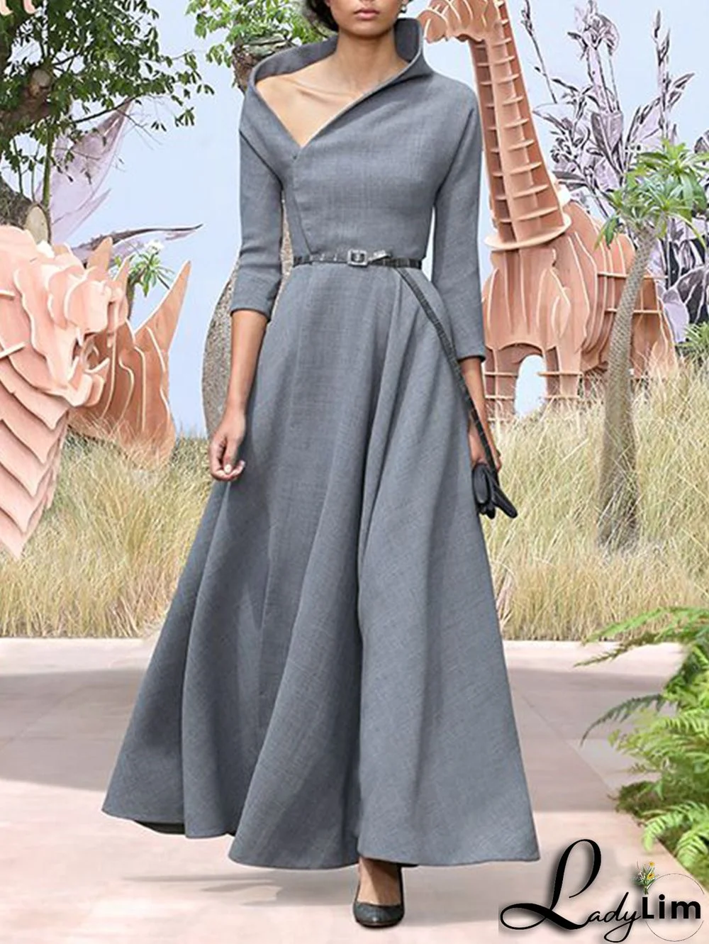 Casual Oblique Collar Solid Half Sleeve Belt Midi Dress