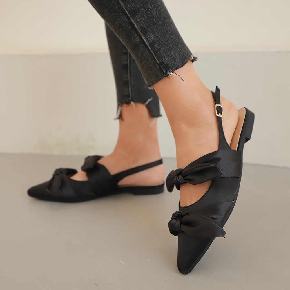Black Satin Closed Toe Flat Slingback Pumps with Bow Nicepairs