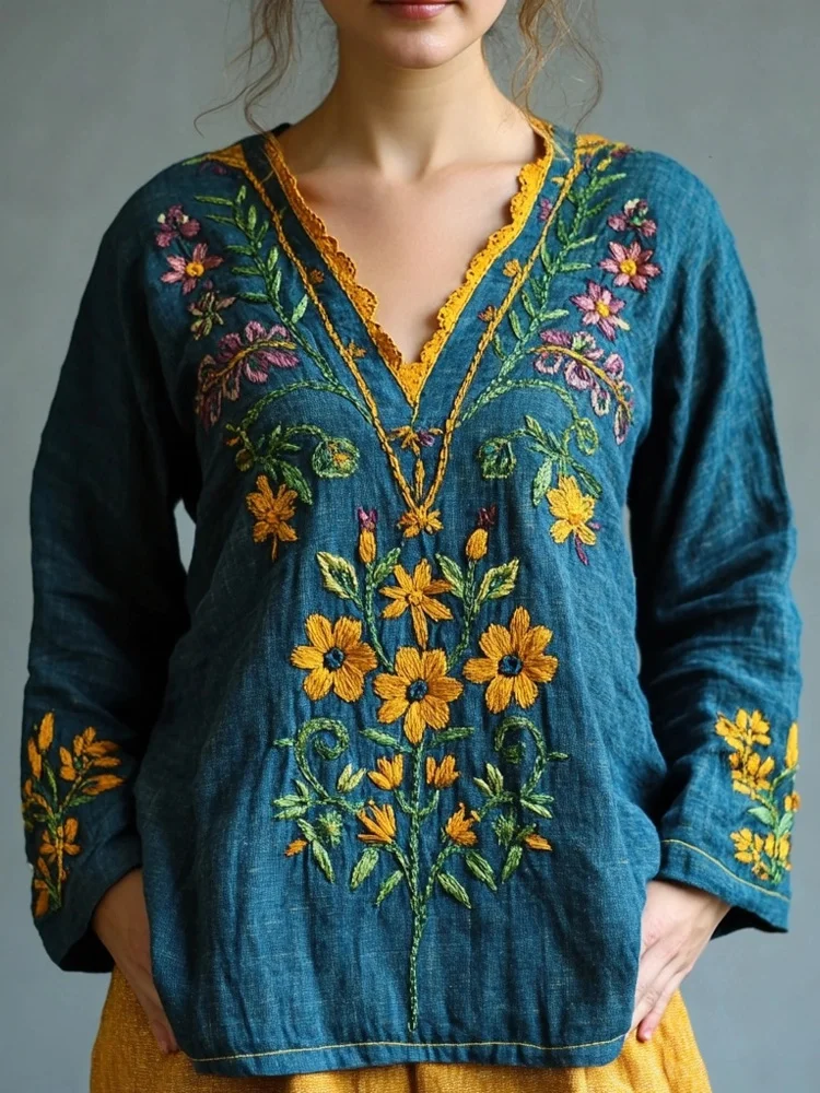 Utbros Vintage Floral Embroidered V Neck Linen Blend Tunic