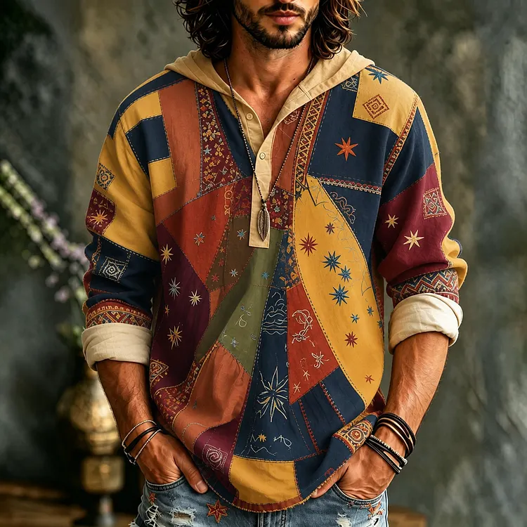 Men's Retro Hippie Patchwork Sun And Moon Print Long-sleeve Hooded