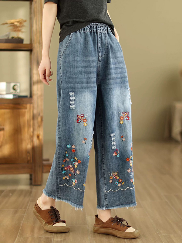 Loose Cotton Wide Leg Butterfly Embroidered Jeans