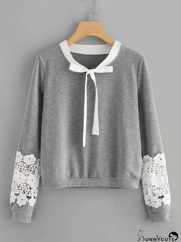 Contrast Crochet Bow Tie Neck Marled Sweatshirt