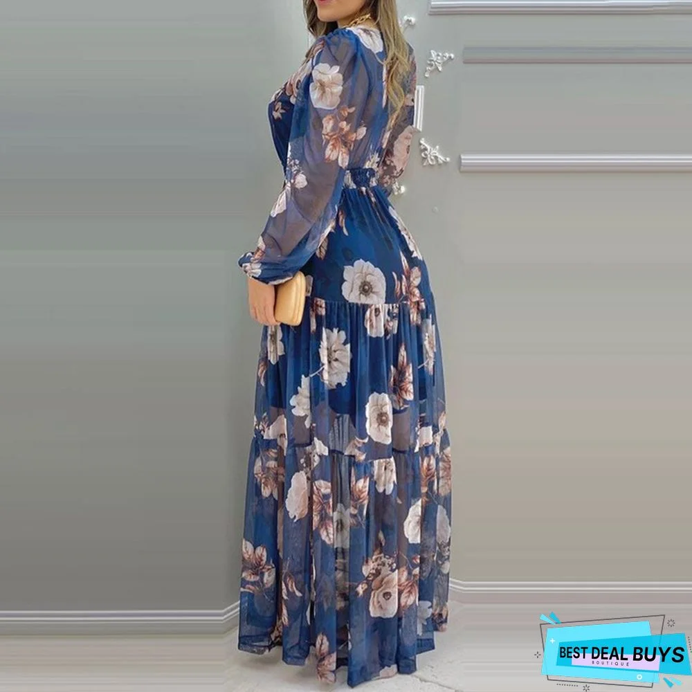 Spring and Summer Temperament Print Dress V-Neck Waist Slim Mesh