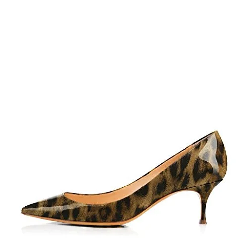 Leopard Print Heels Pointy Toe Patent Leather Kitten Heels Pumps by FSJ Nicepairs