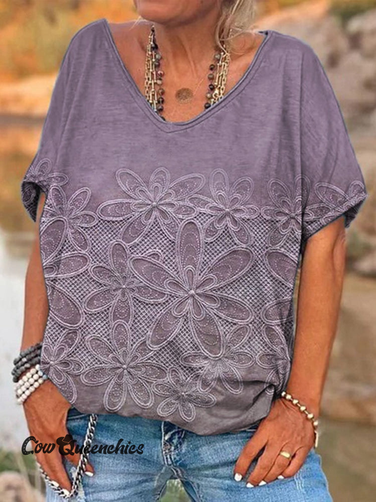 Vintage Floral Art Print 100% Cotton V-Neck T-Shirt Multicolor / S