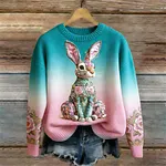 Botanical Floral Rabbit Pattern Gradient Cozy Knit Sweater - Image 2