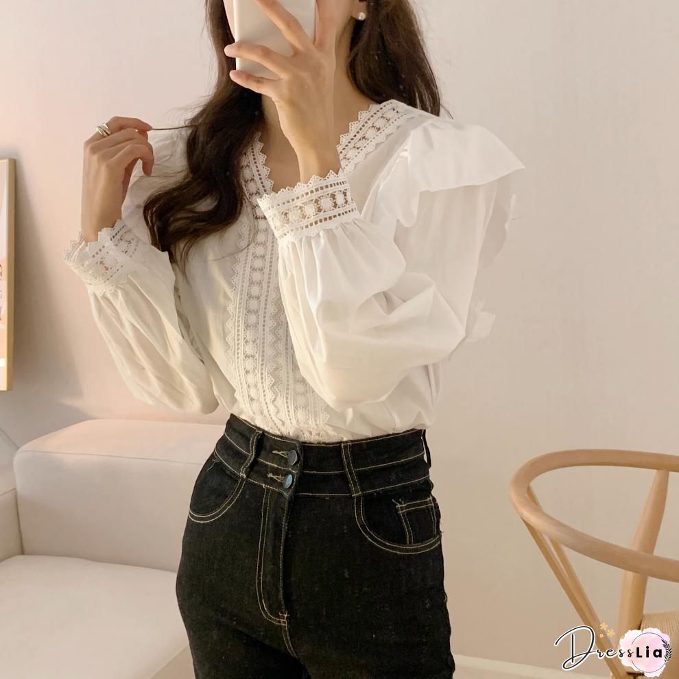 Womens Long sleeve shirt chiffon blouse ruffle neck irregular streetwear casual loose