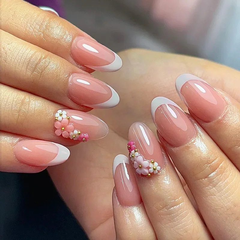 Qinice 24Pcs Sweet Short Almond French False Nails with Glue 3D Wave Nail Pattern Floral Pink Blush Press on Acrylic Nail Manicure Tips
