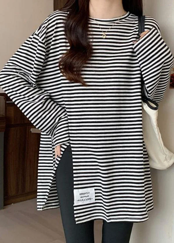 Casual Black Striped Side Open Applique Cotton Shirt Spring