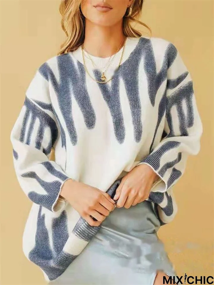 Loose Round Neck Print Pullover Sweater