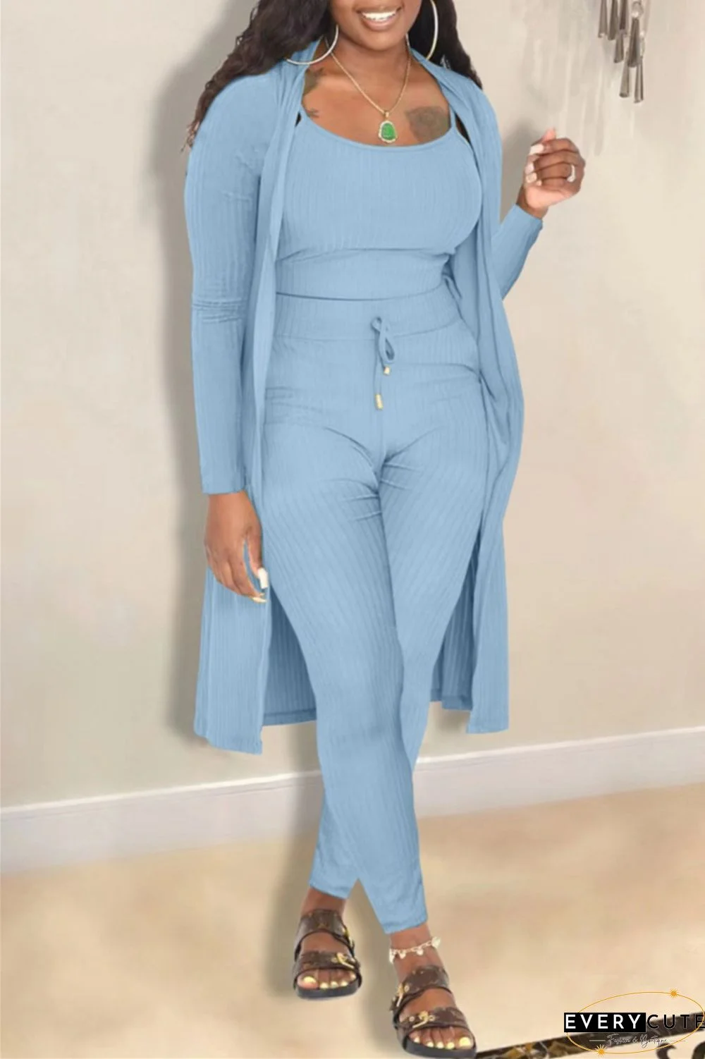 Casual Solid Cardigan Vests Pants Long Sleeve Three Piece Set