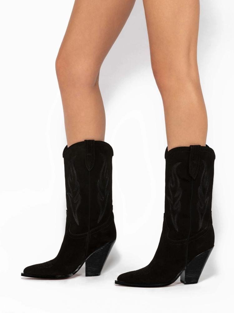 Black Velour Embroidered Chunky Heel Western Mid Calf Boots