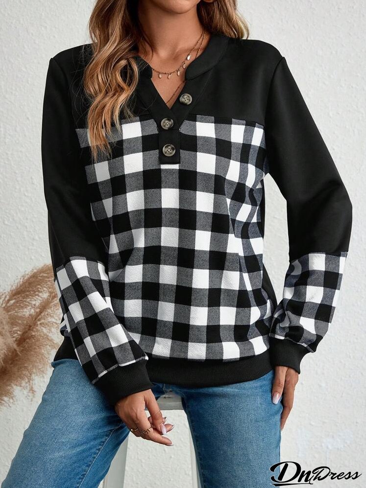 Women's Black Patchwork Plaid Patterned Long-Sleeve Sweatshirt For Autumn