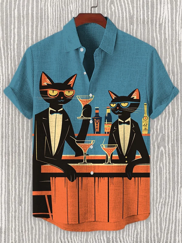 Men's Bar Black Cat Cocktail Art Print Linen Blend Shirt