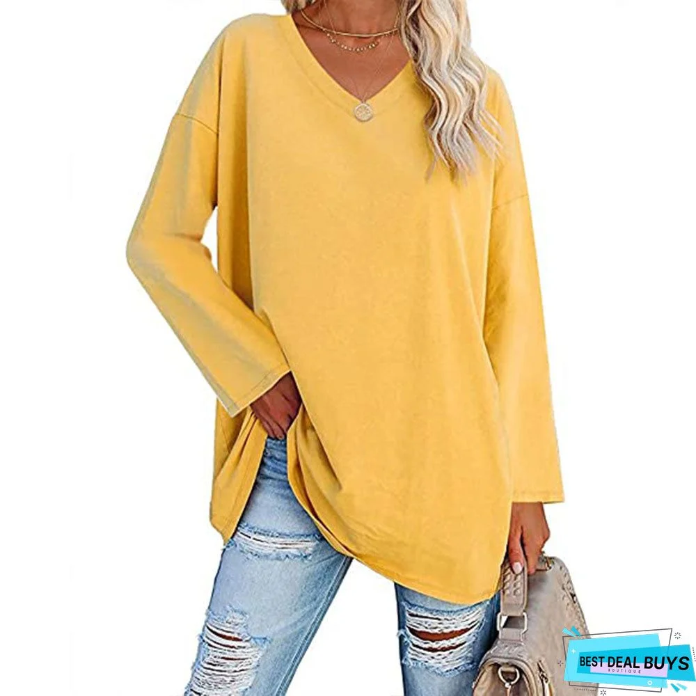 Solid Color Long Sleeve V-neck Dress