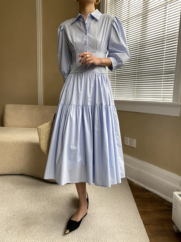 Bishop Sleeve Split-Joint Pure Color Lapel Midi Dresses Shirt Dress