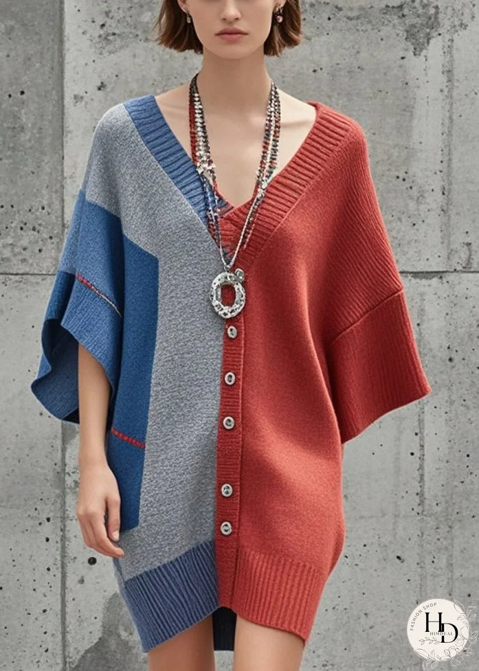 Organic Colorblock Asymmetrical Design Knitted Dress Batwing Sleeve