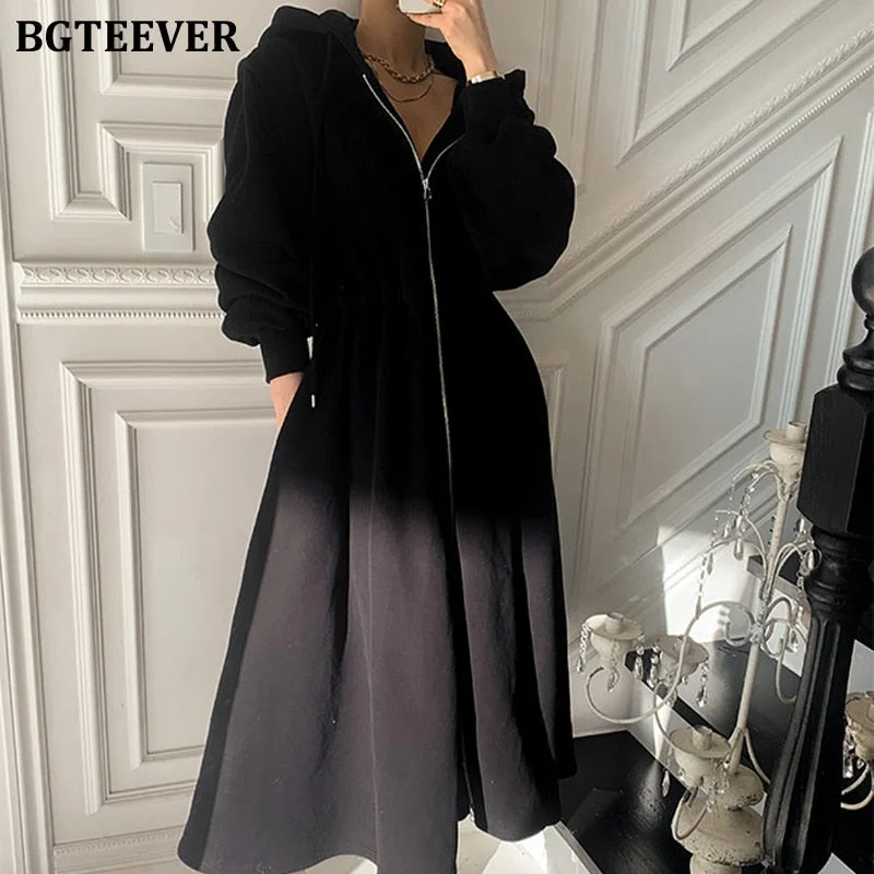 BGTEEVER Chic Zippers Women Hooded Sweatshirt Midi Dress Casual Elastic Waist Long Sleeve Female A-line Dress 2021 Spring