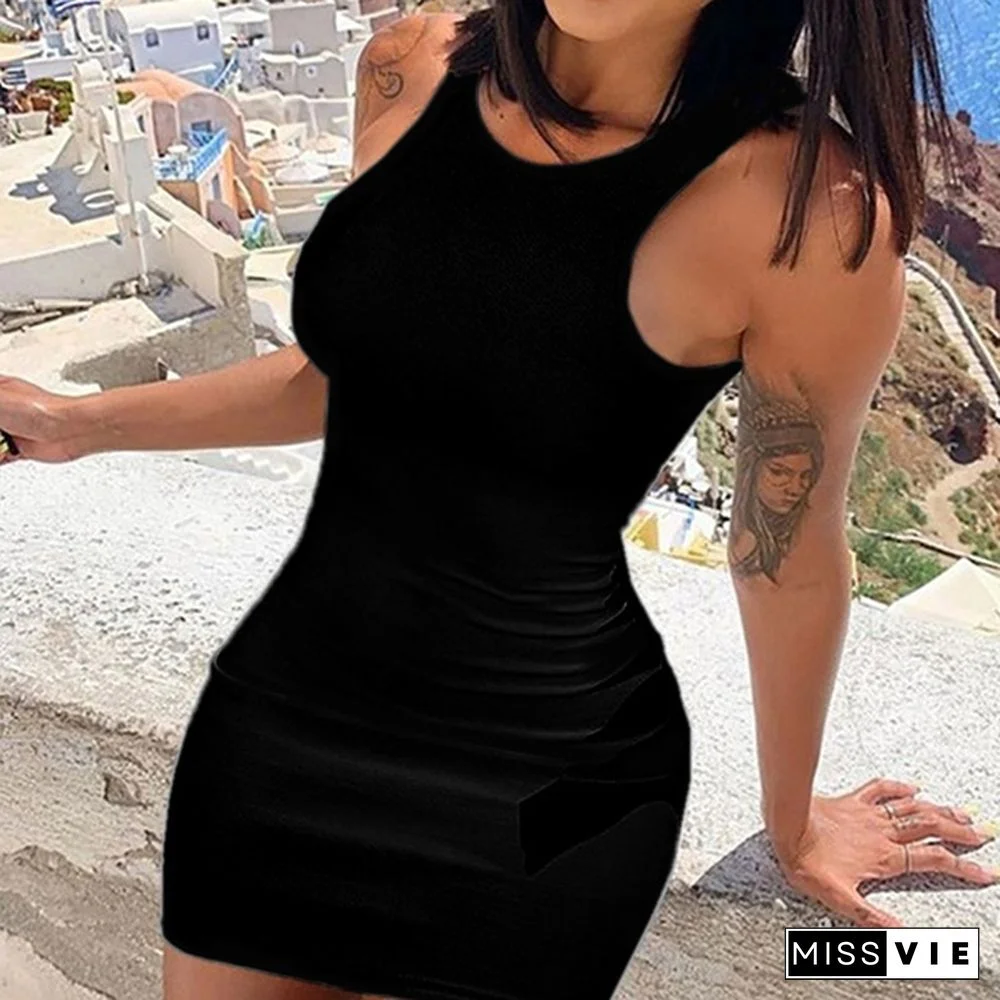 Women's Fashion Pure Color Sexy Mini Dress Slim Fit Sleeveless Dress Bodycon Dress