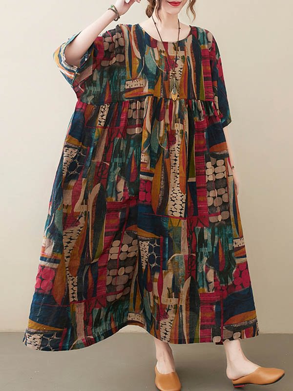 Original Loose Long Sleeves Cartoon Face Printed Contrast Color Pleated Round-Neck Midi Dresses