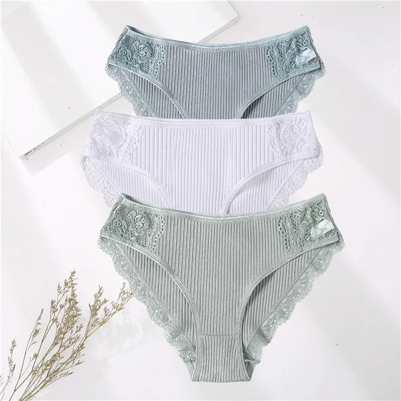 FINETOO 3PCS/Set M-XXL Cotton Underwear Women's Panties Comfort Underpants Floral Lace Briefs For Woman Sexy Low-Rise Intimates