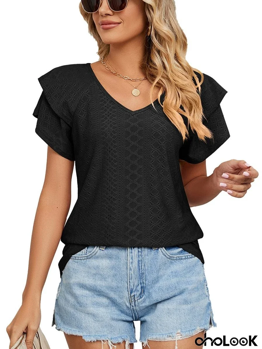 Solid Color V-Neck Loose Short Sleeve Double Sleeve T-Shirt