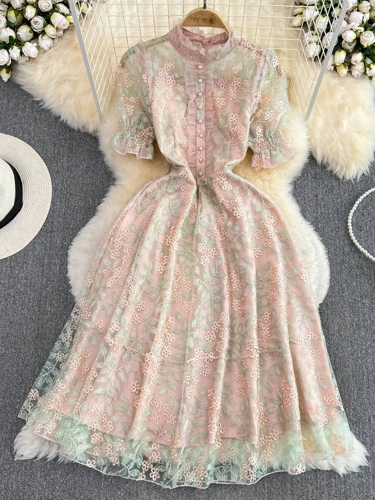 Vintage Luditu Midi Dress - Pink Amelia | Embroidered Lace Bohemian Style Dress