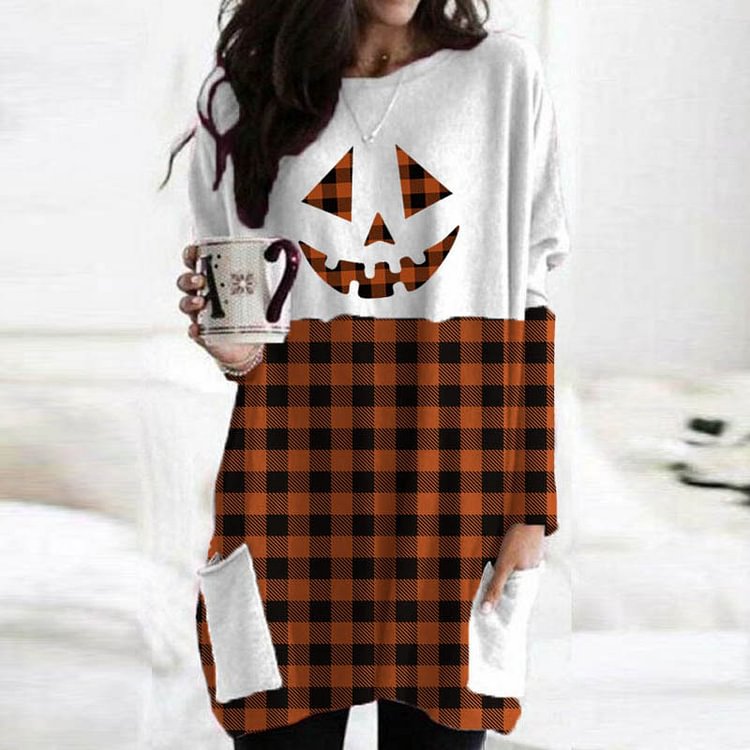 Pumpkin Face Designer Longline Style Halloween T-shirt Gifts For Mom
