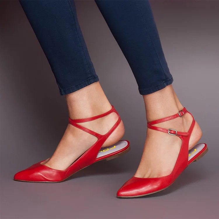 Red Pointed Toe Flats Crisscross Strap Slingback Shoes for Women |FSJ Shoes