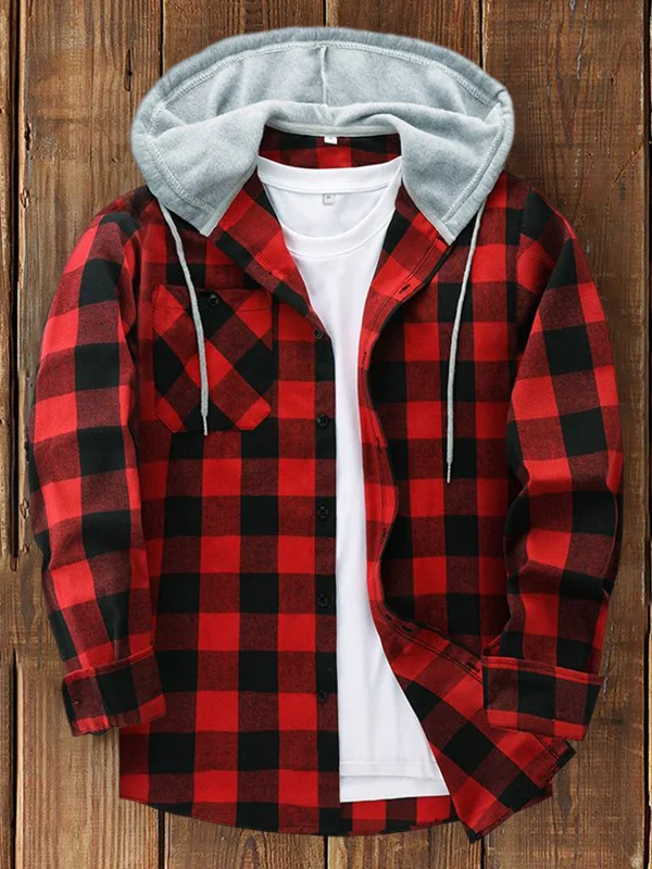 Men's Outdoor Casual Red Classic Check Hooded Jacket