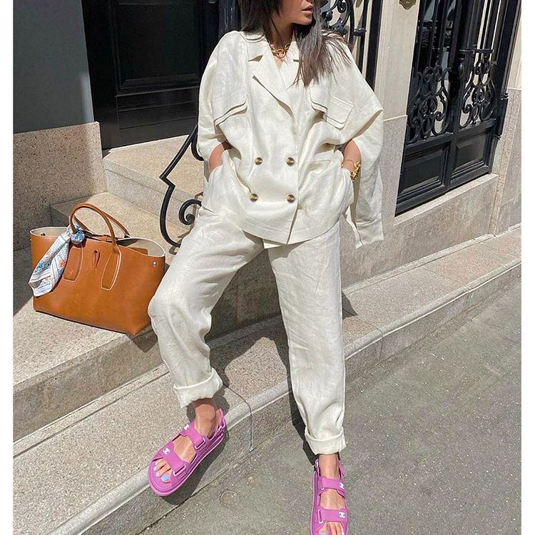 Casual Solid Color Cotton and Linen Temperament Two Piece Set