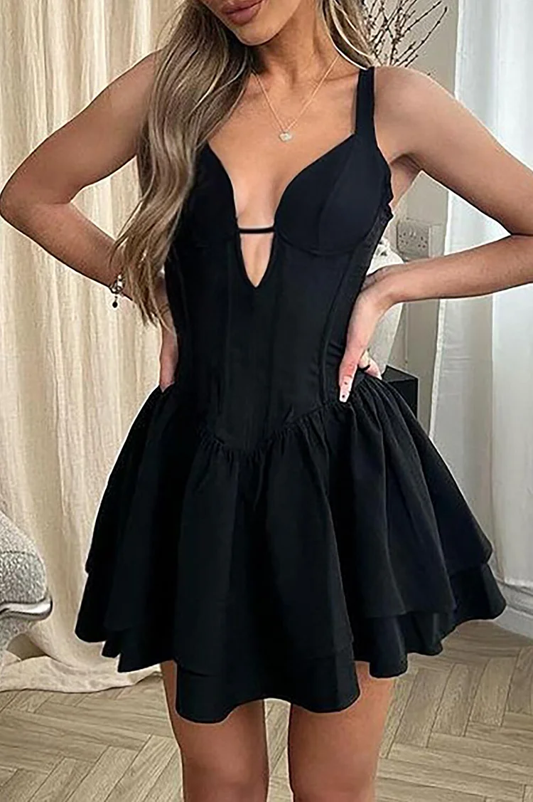 Plunge Neck Corset Design Tiered Hem Solid Color Slip Mini Dresses-Burgundy