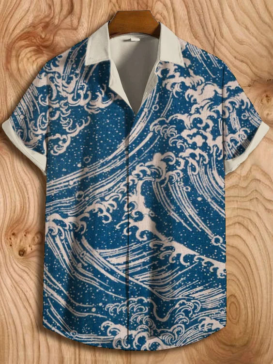 Men's Ocean Wave Pattern Print Button Up Short Sleeve Aloha Shirt