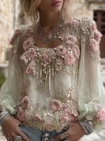 Boho Pink Roses Embroidered Cozy Linen T Shirt