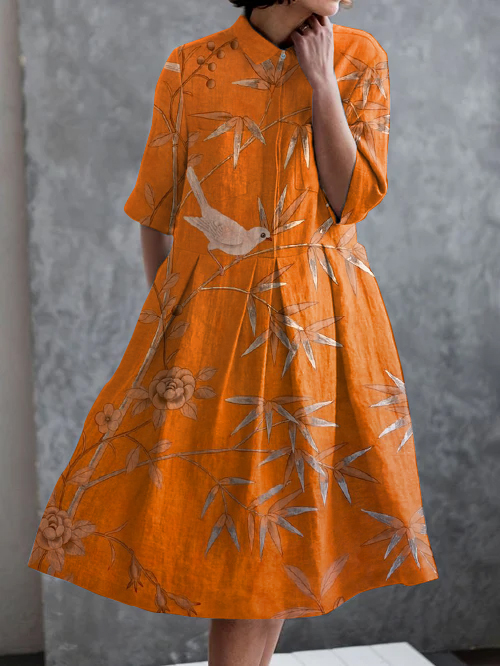Vintage Bird Floral Print Casual Pocket Half Sleeve Dress