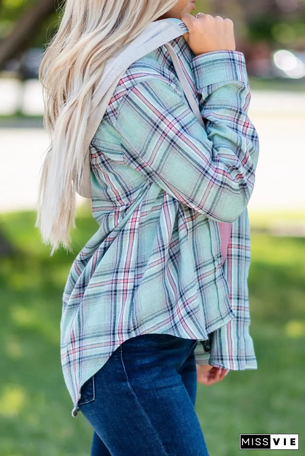 Street Plaid Frenulum Buckle Hooded Collar Tops（4 colors）