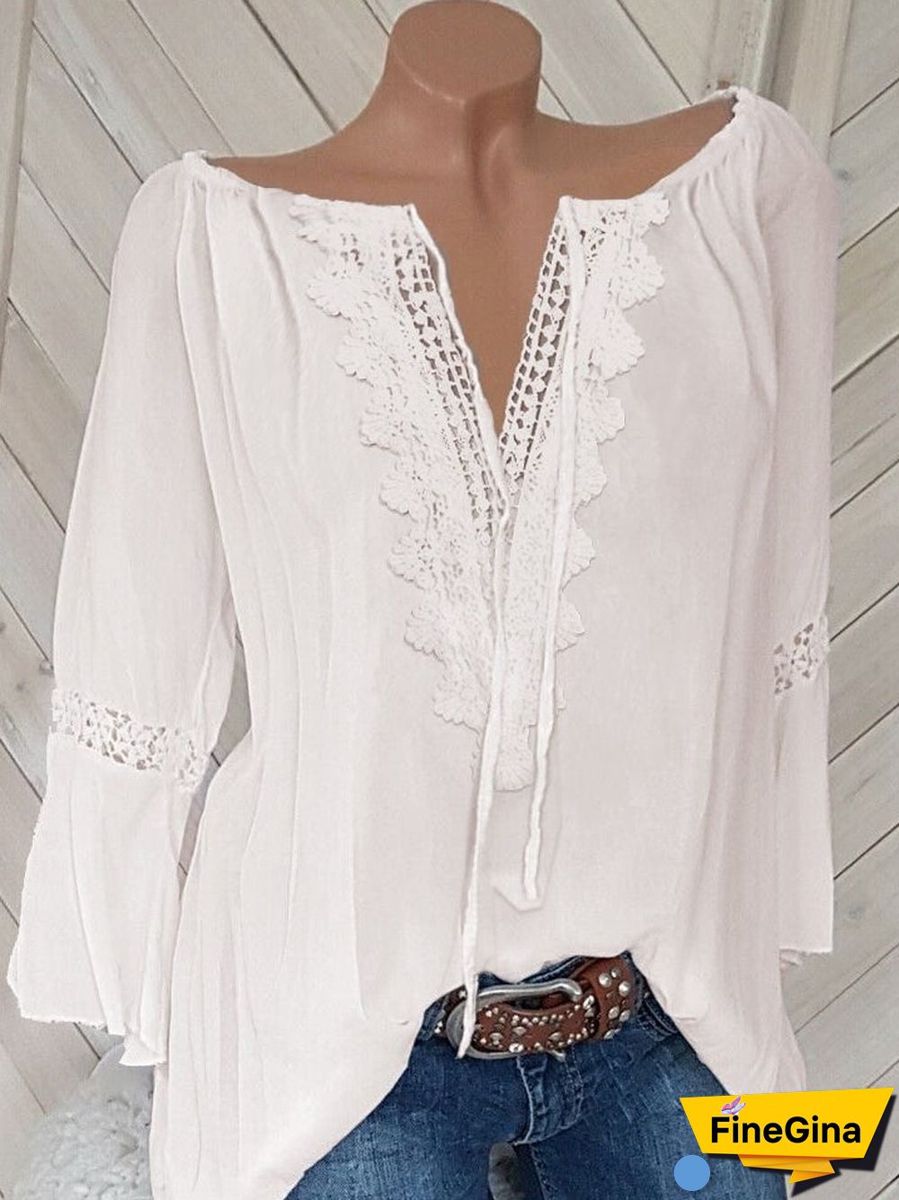 5XL Plus Size Women Casual Blouse Tops V Neck 3/4 Sleeve Loose Lace Blouse