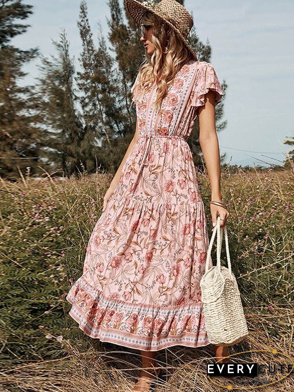 Lotus Leaf Short Sleeve Round Neck Strap Ladies Dress