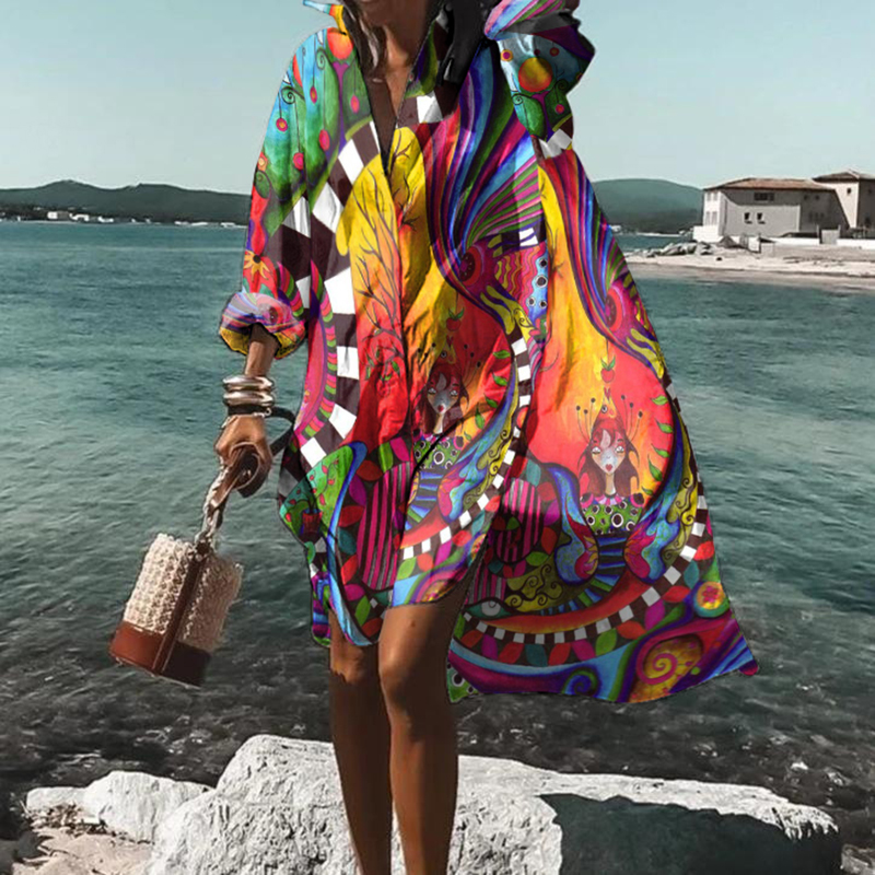 Abstract Hippie Print Casual Shirt Midi Dress wearshes