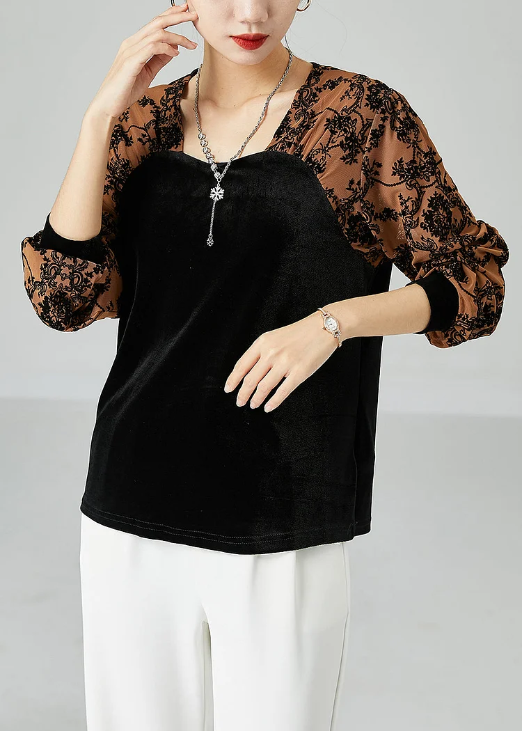 Fashion Black Square Collar Patchwork Jacquard Silk Velour Shirt Top Spring